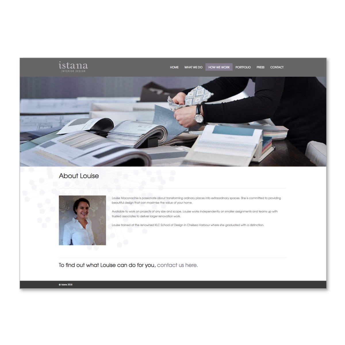 Concept, art direction of photography, design and build website - About Louise page