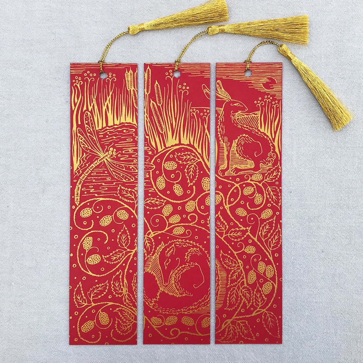 Nature Intertwined Hand Printed Triptych Bookmarks Guardsman Red Gold