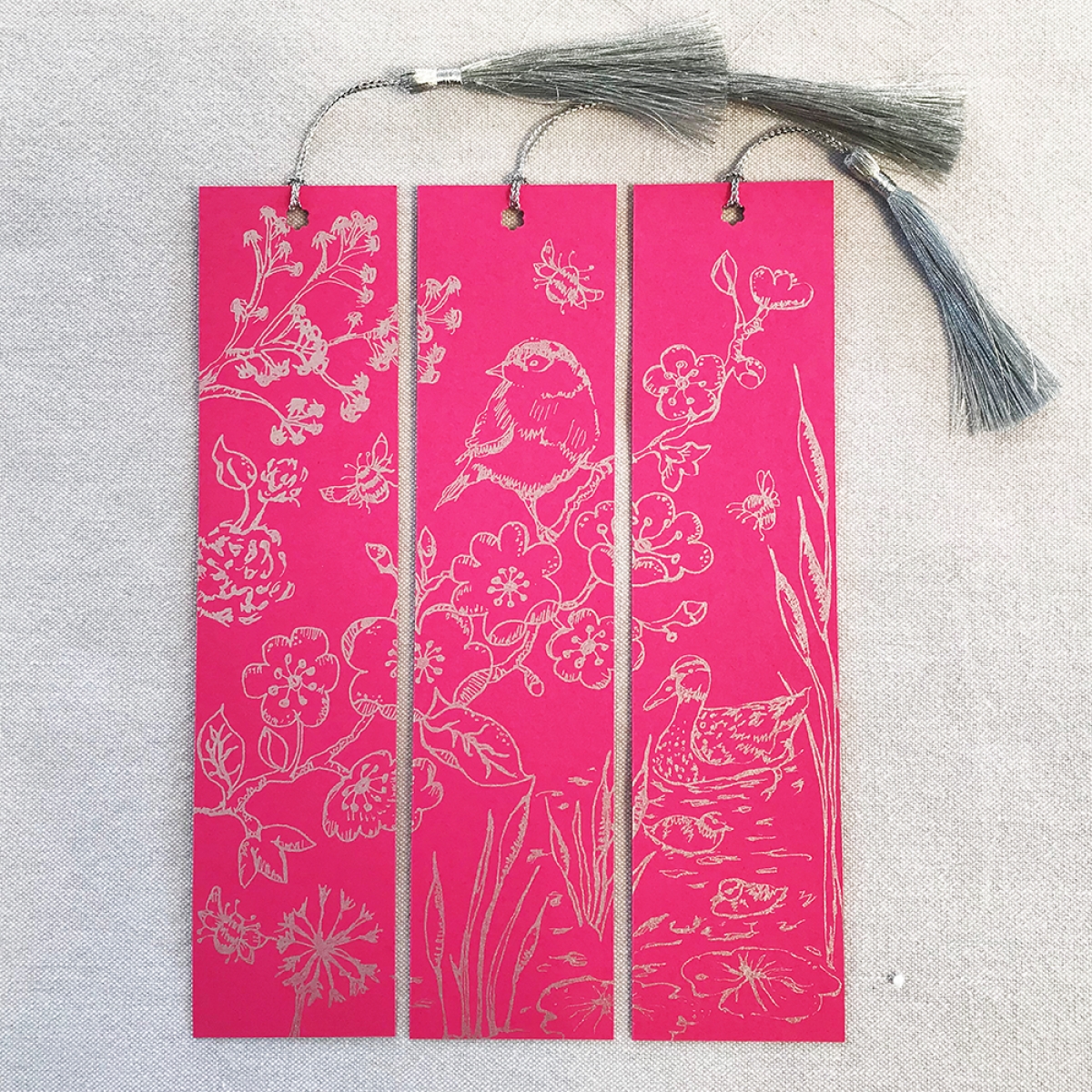 Hand Printed Triptych Bookmarks Fushia Silver