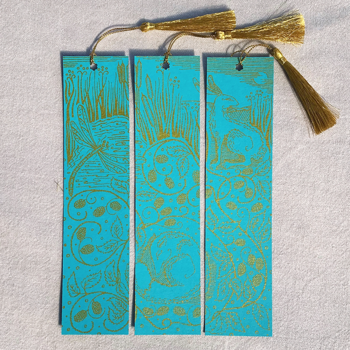 Hand Printed Triptych Bookmarks Aqua Gold