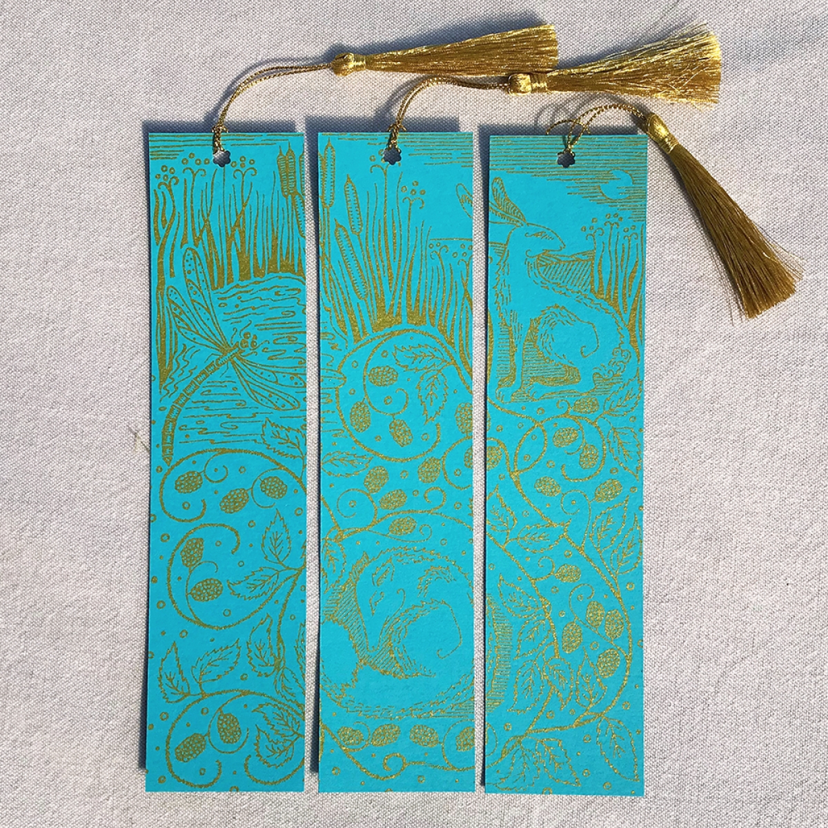 Nature Intertwined Hand Printed Triptych Bookmarks Aqua Gold