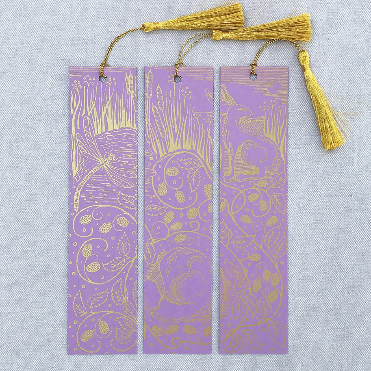 Nature Intertwined Hand Printed Triptych Bookmarks Lilac Gold