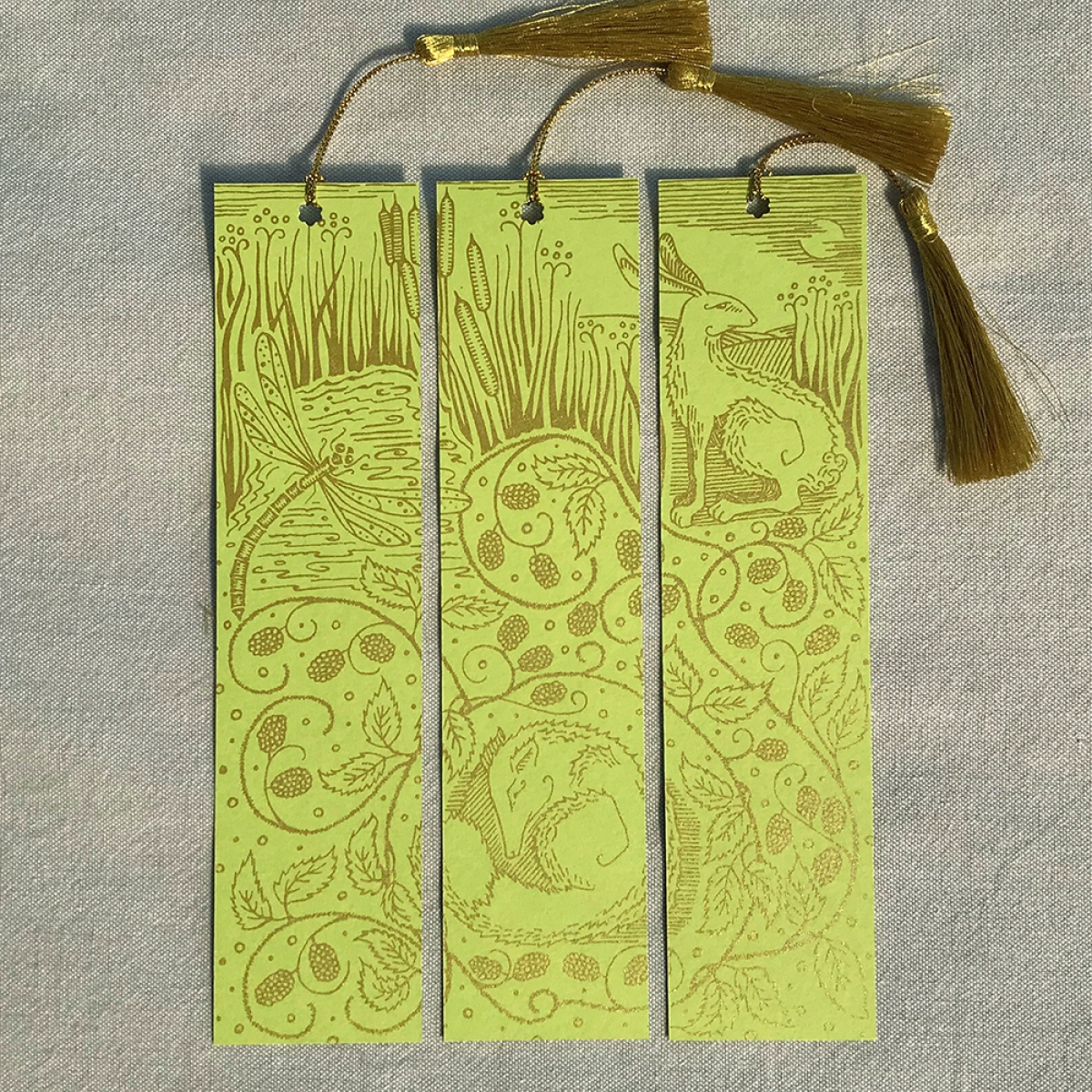 Nature Intertwined Hand Printed Triptych Bookmarks Lime Gold