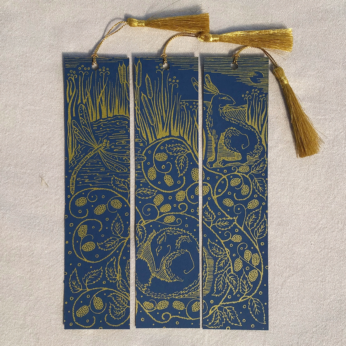 Nature Intertwined Hand Printed Triptych Bookmarks Royal Blue Gold