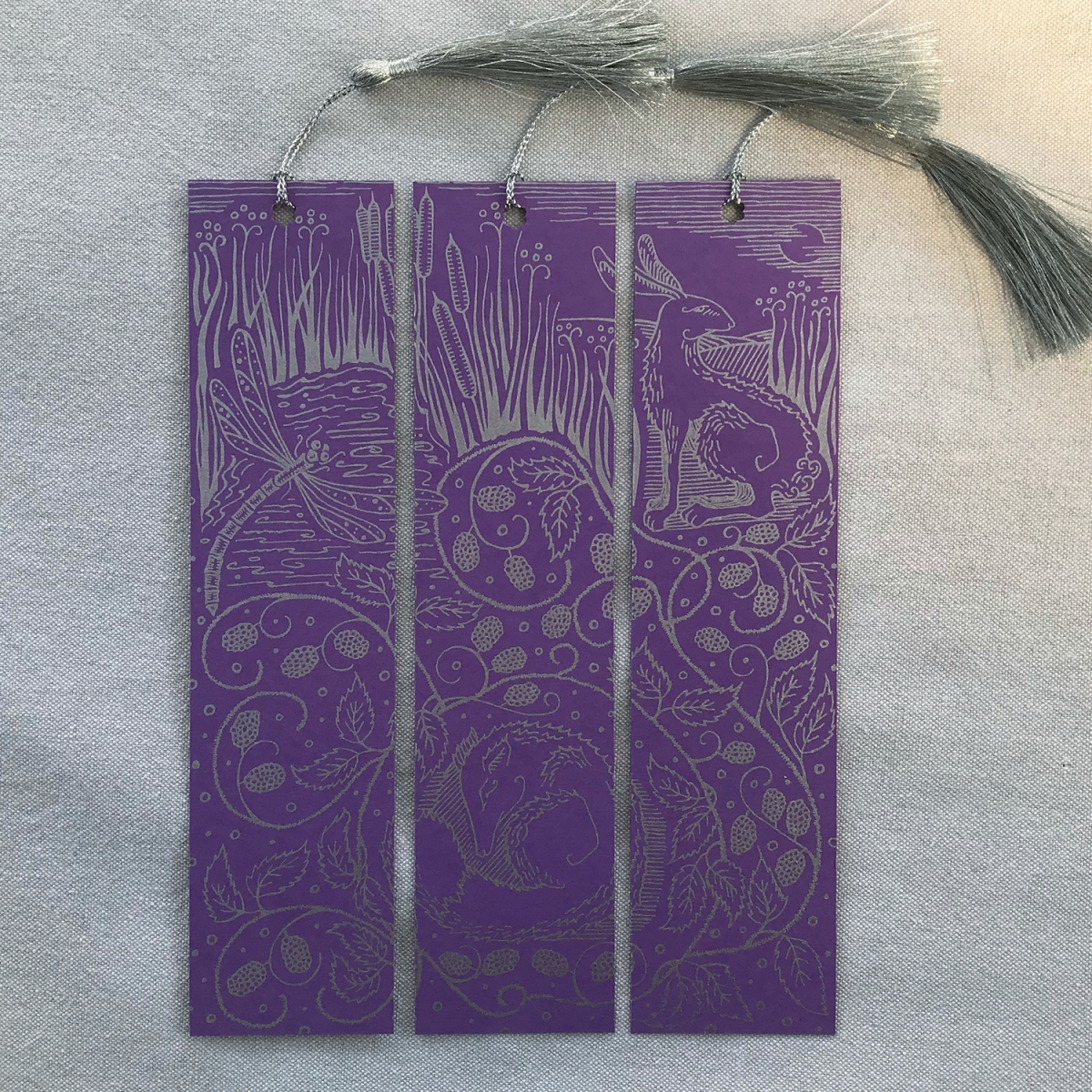 Nature Intertwined Hand Printed Triptych Bookmarks Amethyst Silver