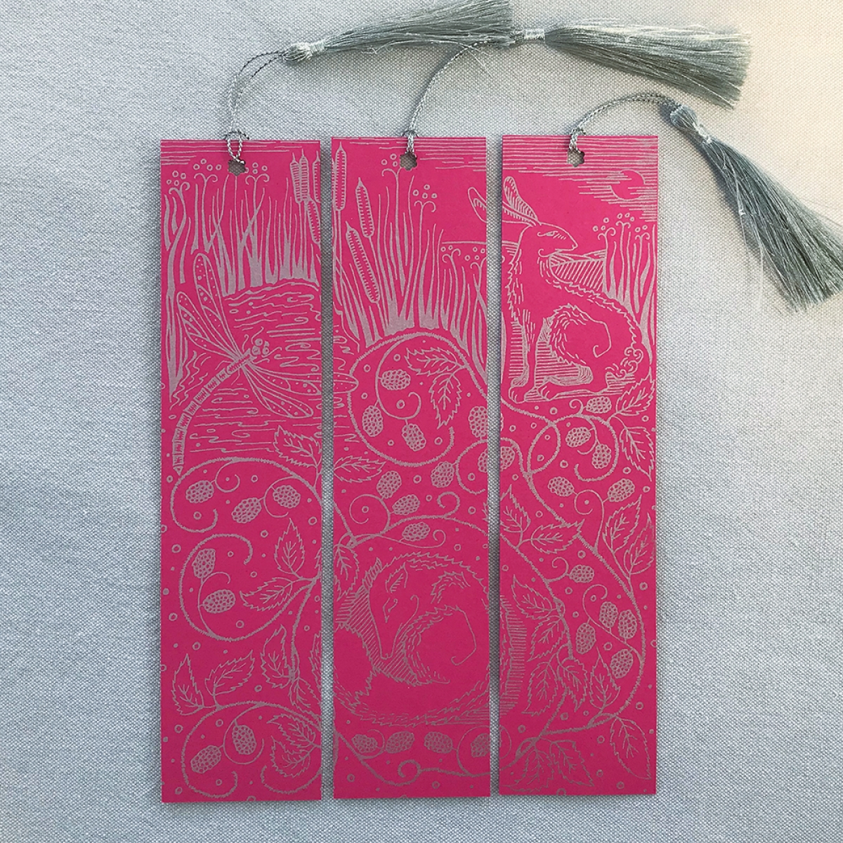 Nature Intertwined Hand Printed Triptych Bookmarks Fuschia Silver