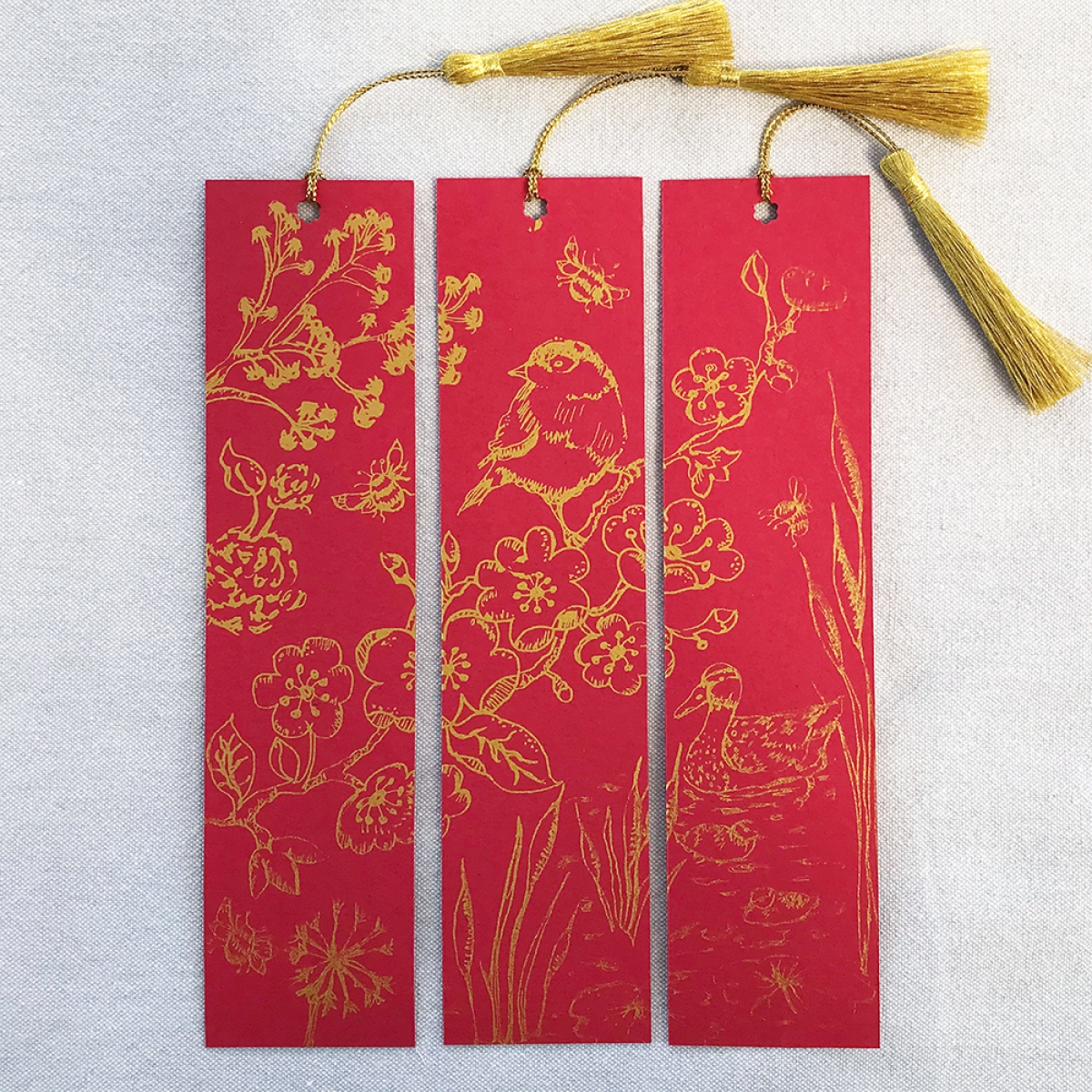 Hand Printed Triptych Bookmarks Guardsman Red Gold