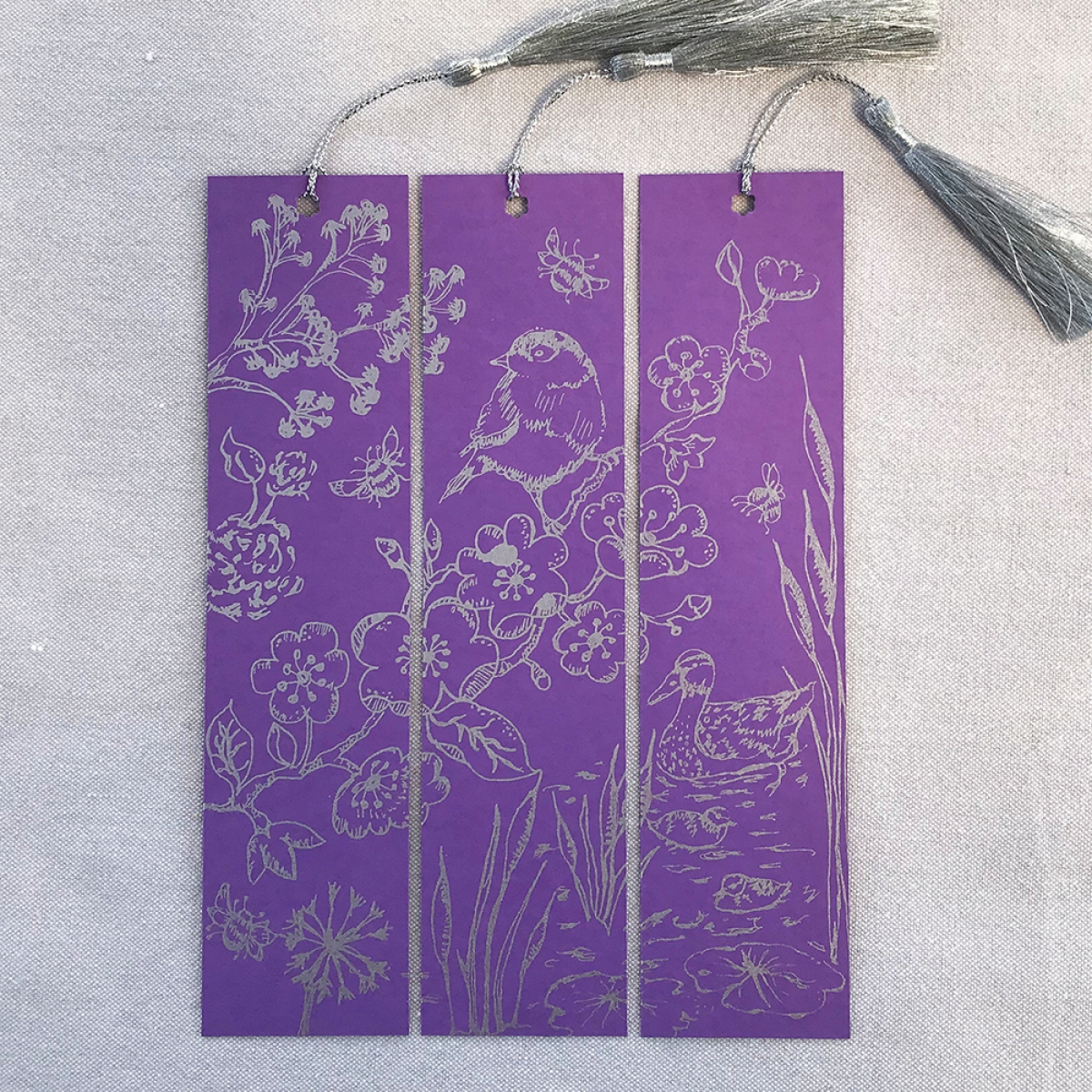 Springtime Hand Printed Triptych Bookmarks Amethyst Silver