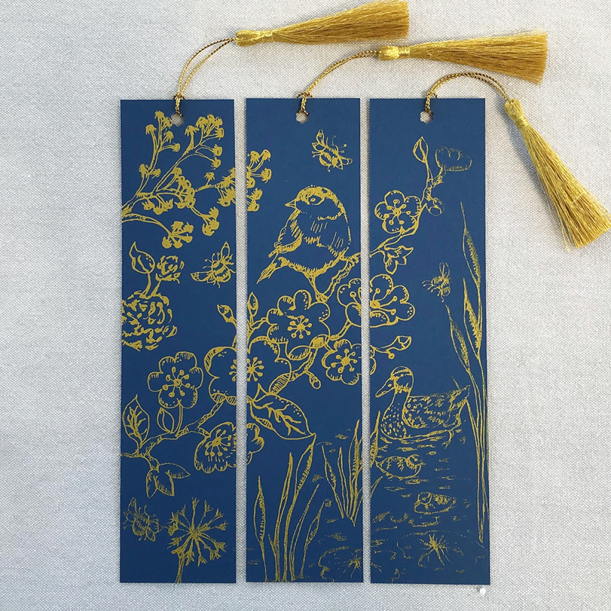 SOLD OUT Springtime Hand Printed Triptych Bookmarks Royal Blue Gold