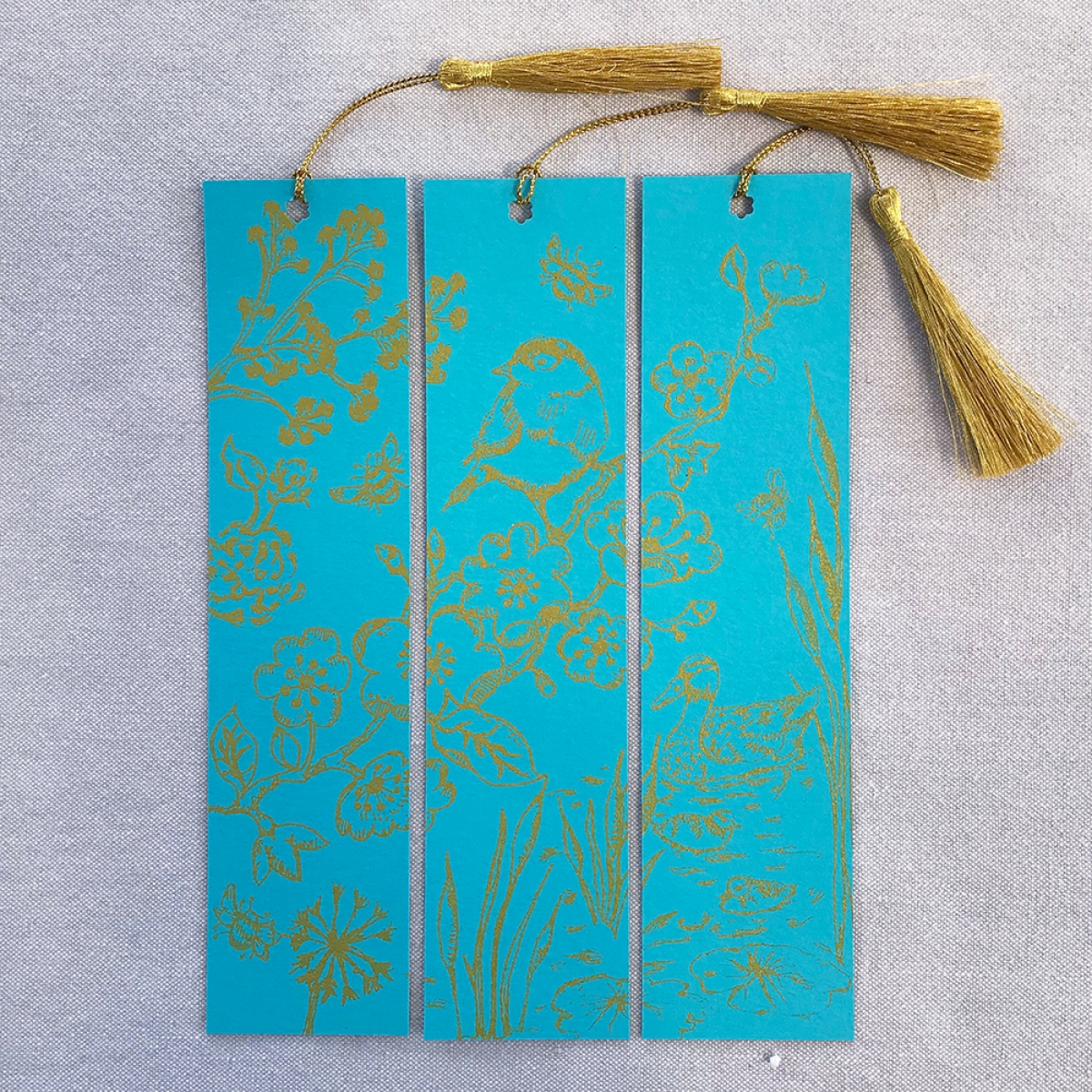 Springtime Hand Printed Triptych Bookmarks Aqua Gold