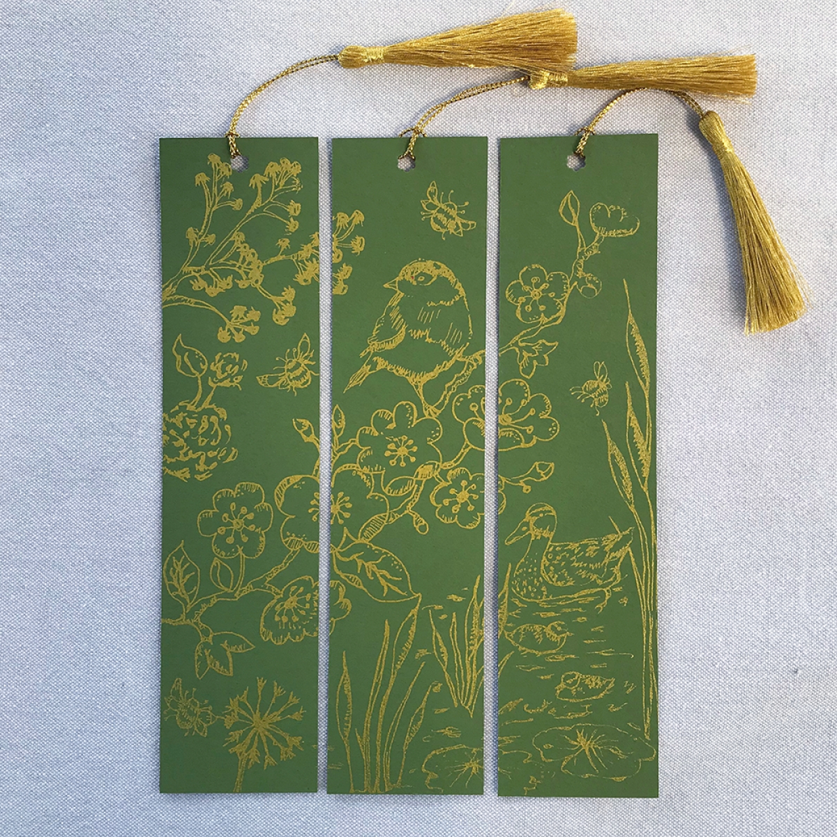 Springtime Hand Printed Triptych Bookmarks Olive Gold