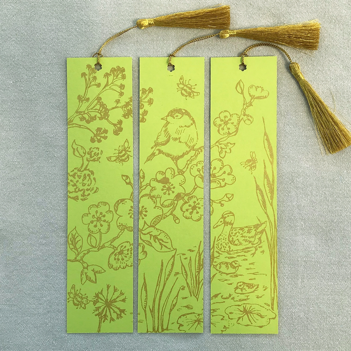 Springtime Hand Printed Triptych Bookmarks Lime Gold