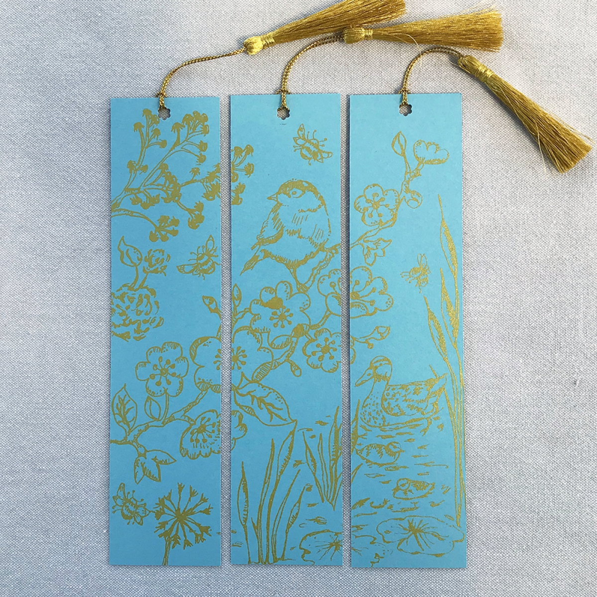 Springtime Hand Printed Triptych Bookmarks Sky Blue Gold