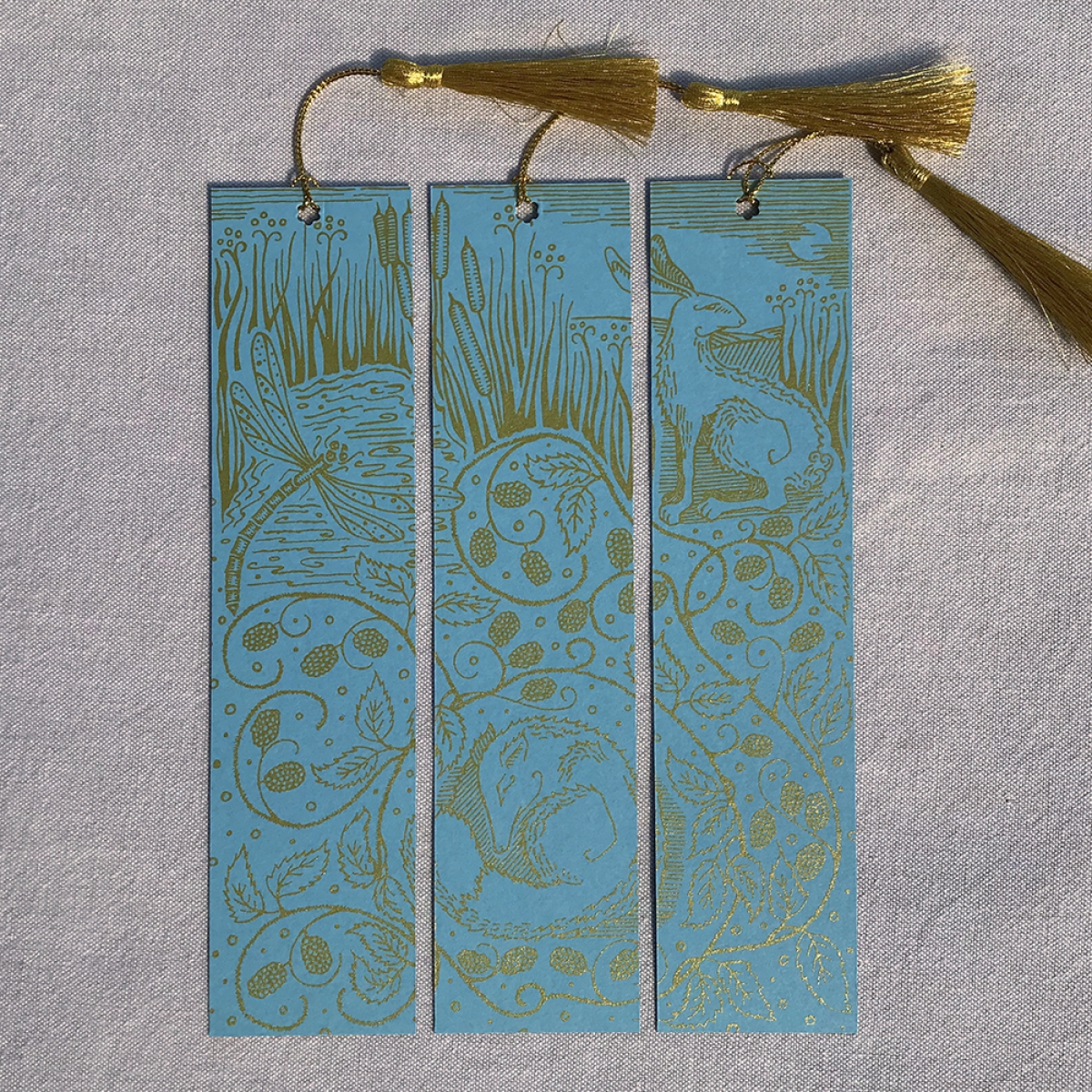 Nature Intertwined Hand Printed Triptych Bookmarks Sky Blue Gold