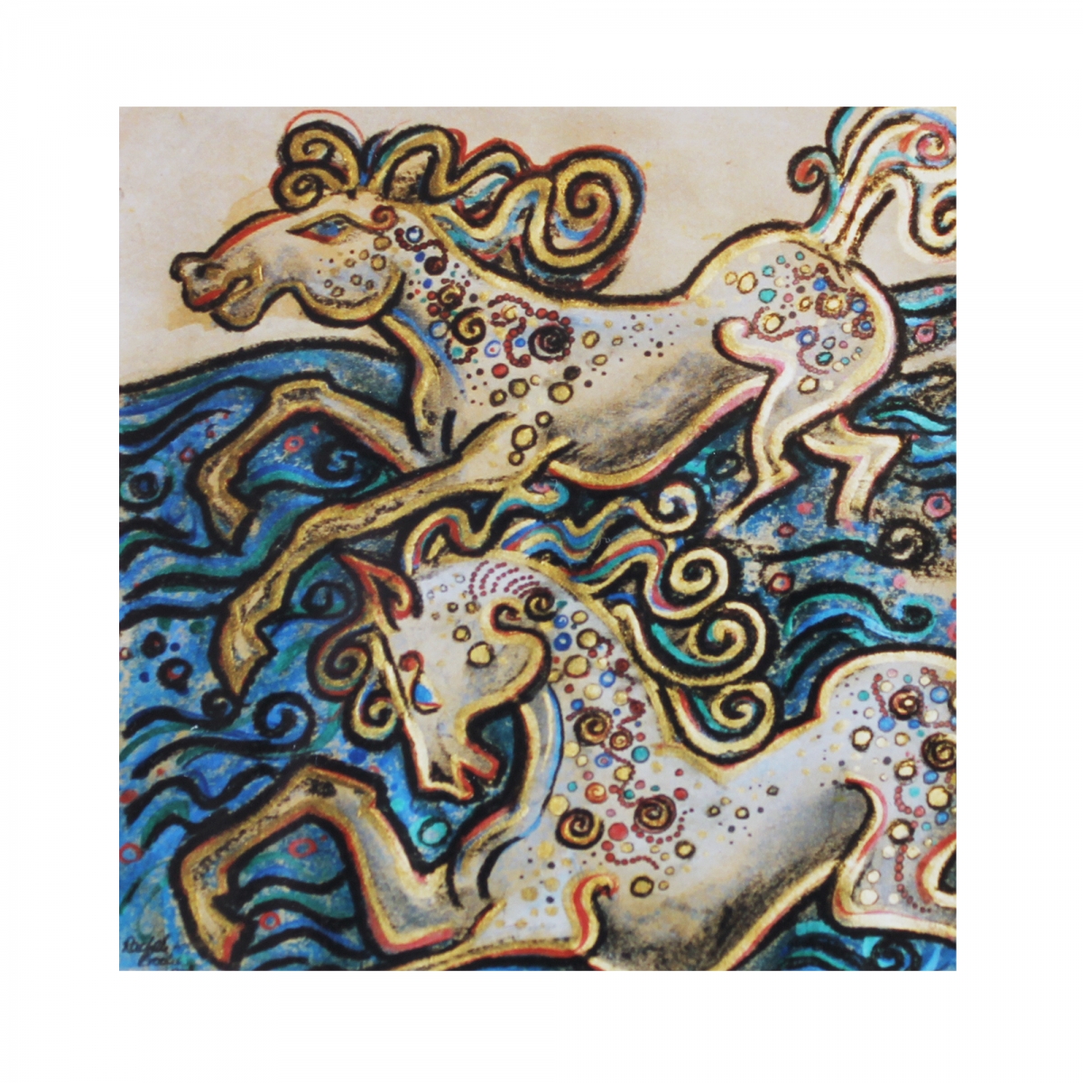 Seahorses - conté crayon, metallic ink